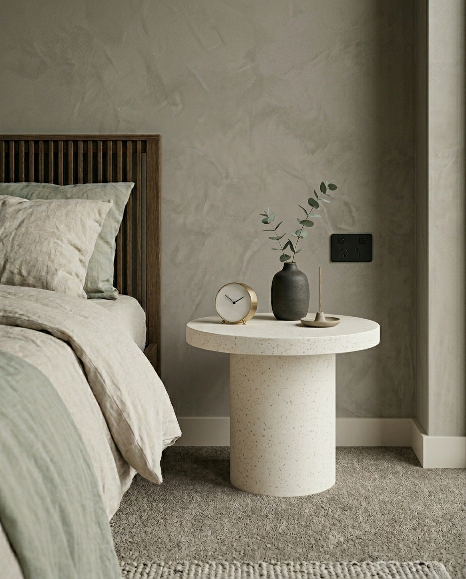 Microcement bedside table against a hand-finished plaster wall