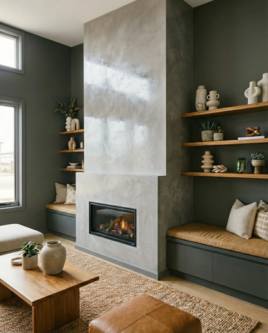 Polished fireplace and joinery
