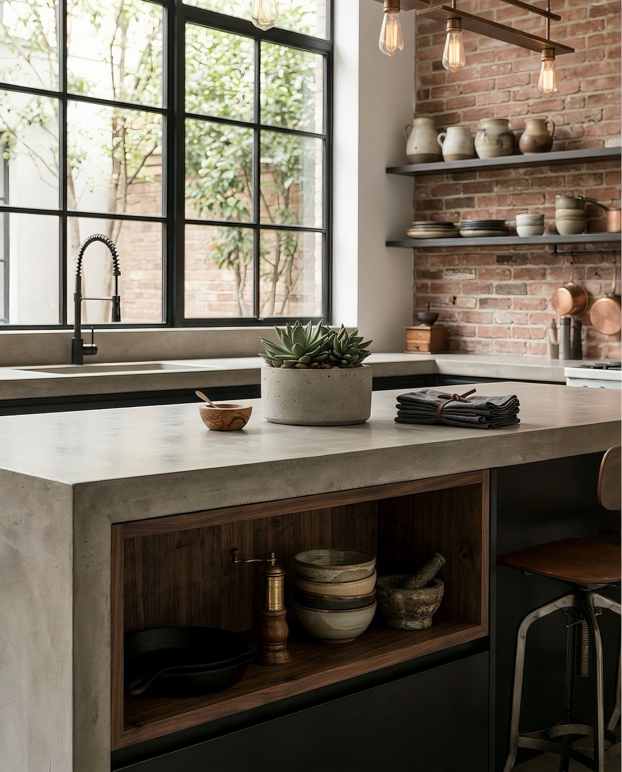 Industrial microcement kitchen island with exposed brick
