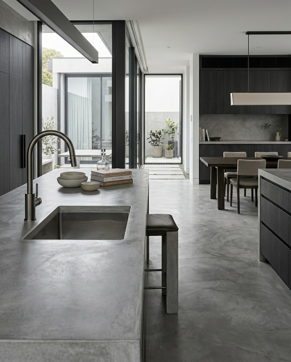 Microcement kitchen benchtop and floor