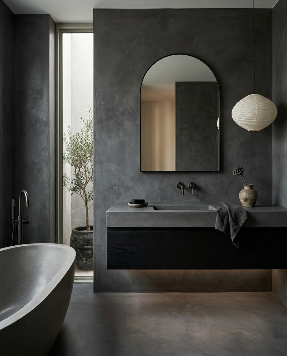 Dark microcement bathroom with freestanding bath