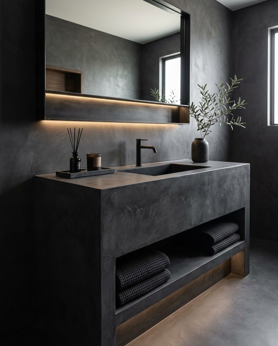 Dark microcement bathroom vanity