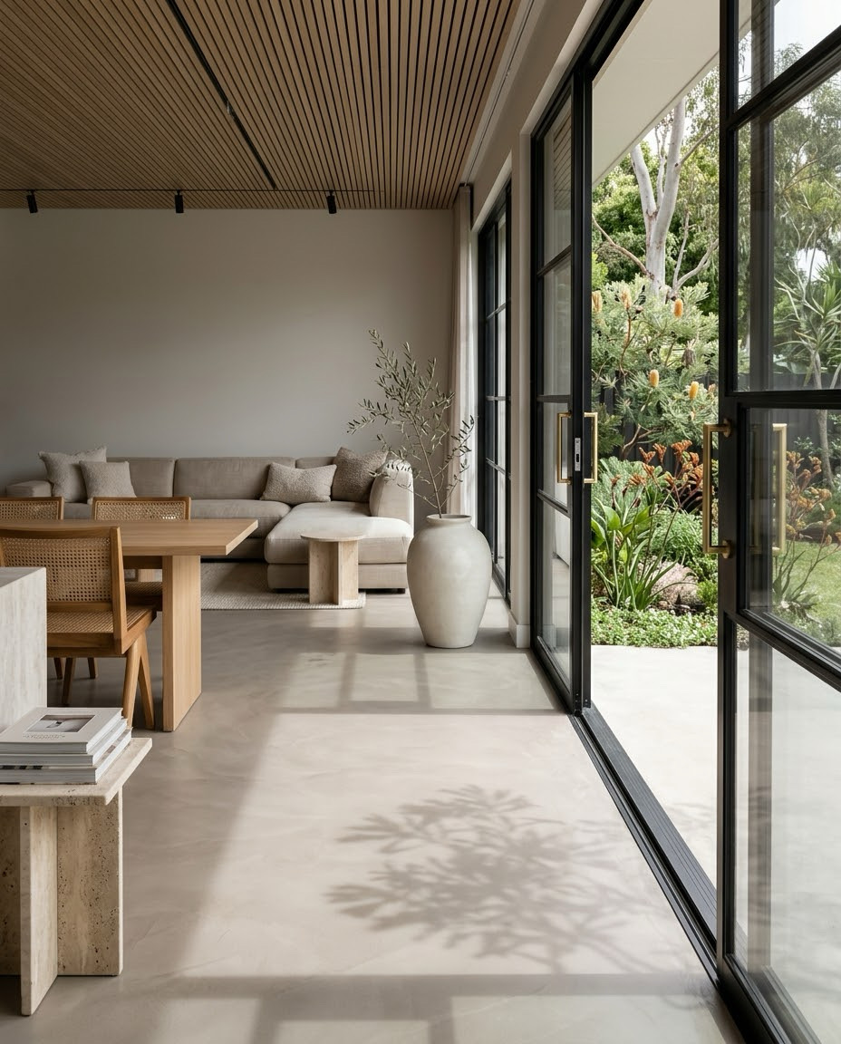 Seamless microcement floor in contemporary living space