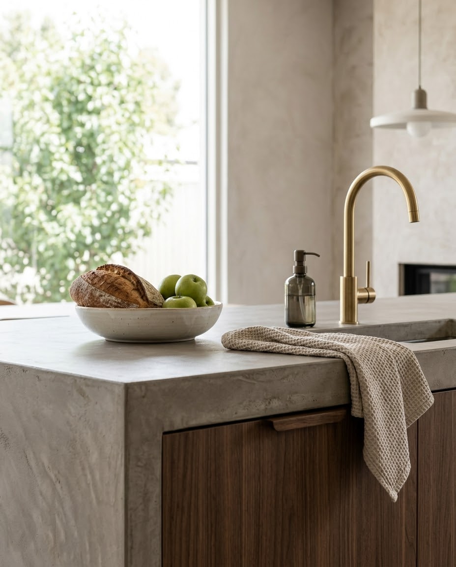 Microcement kitchen benchtop with brass tapware