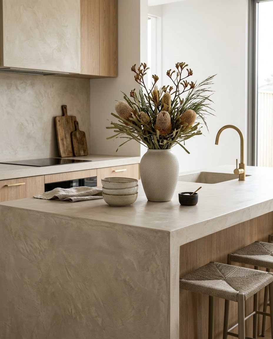 Microcement kitchen island and splashback