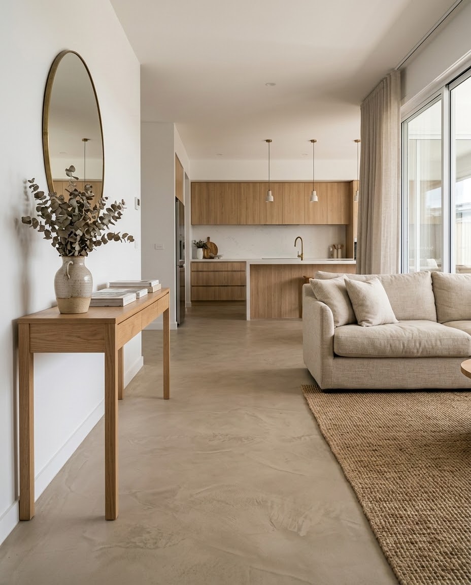 Microcement floor — open plan living and kitchen
