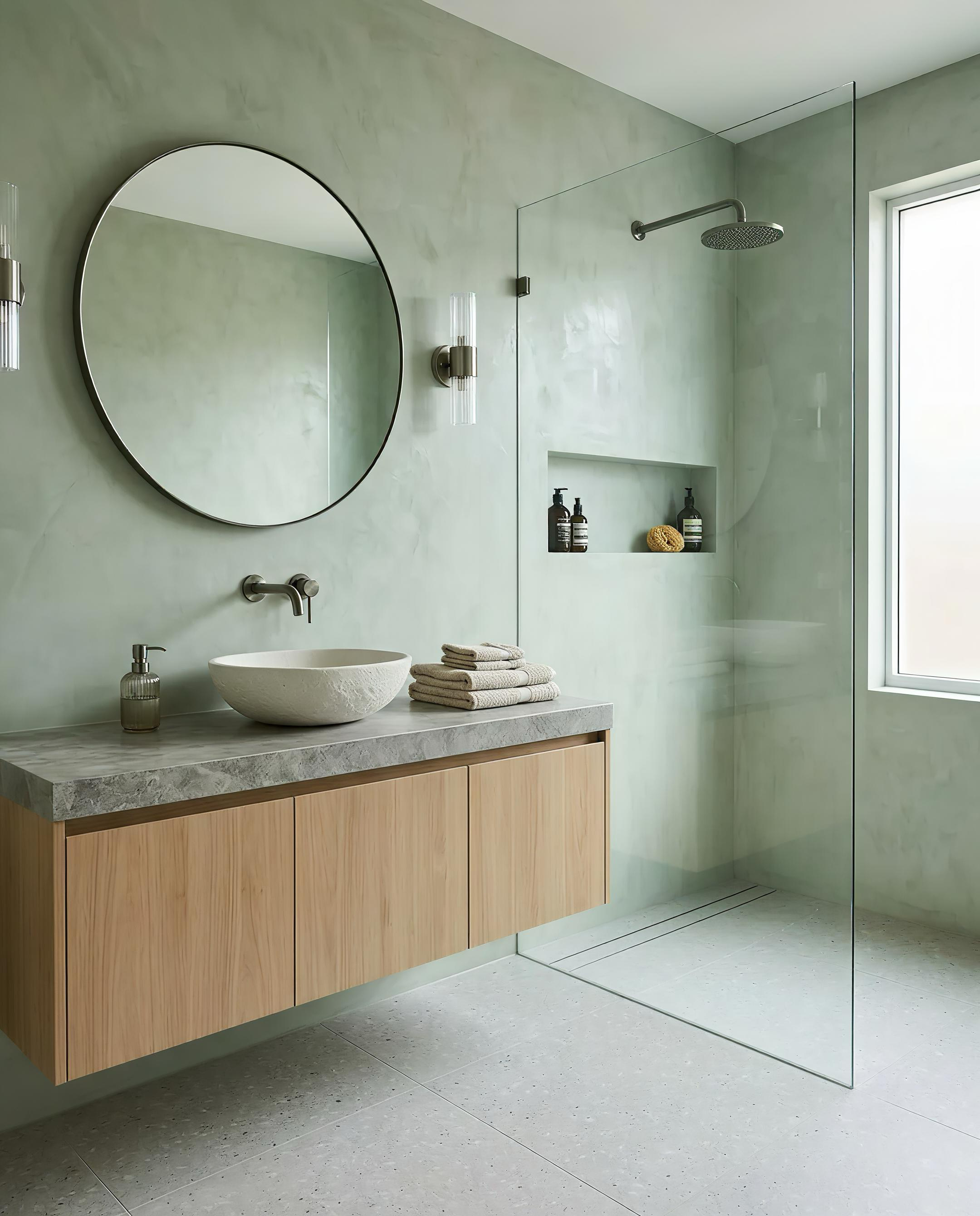 Full sage mineral plaster bathroom with walk-in shower