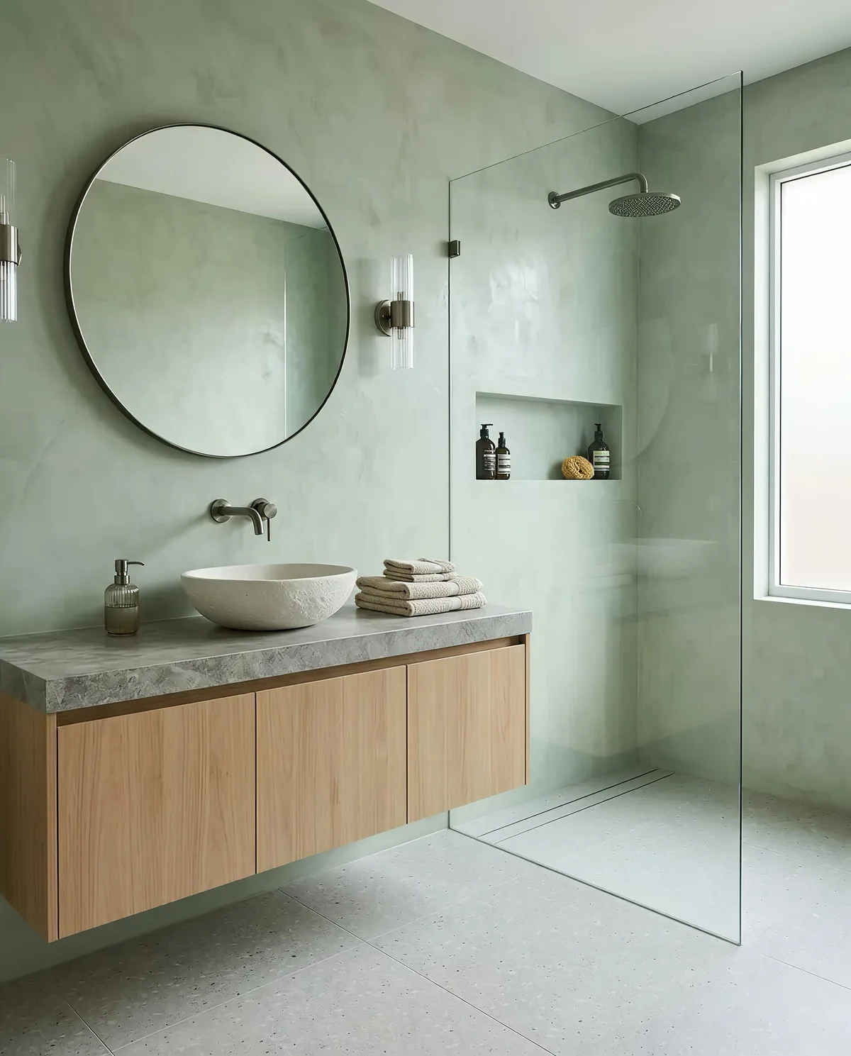 Completed sage microcement bathroom by Lux Cement