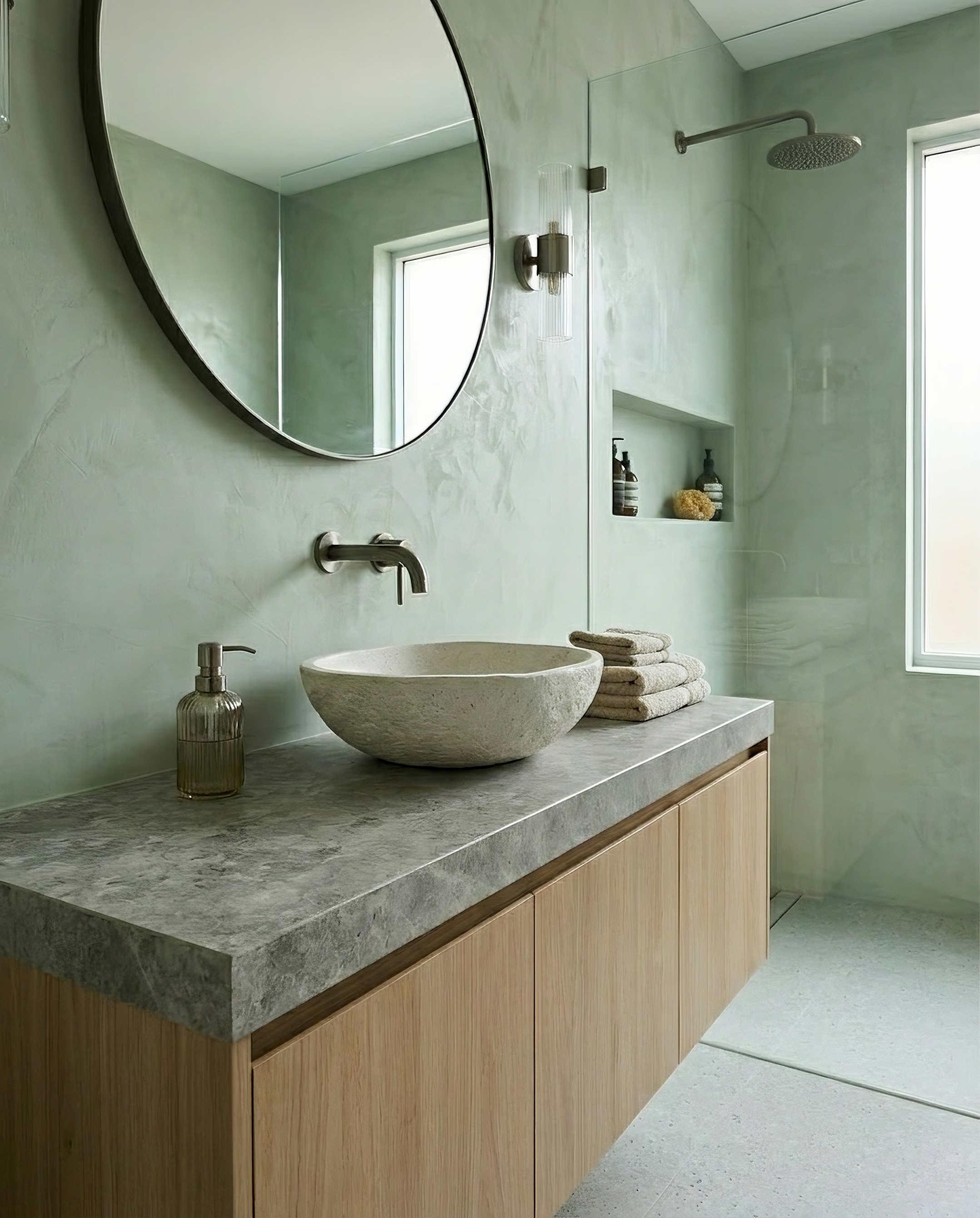 Sage mineral plaster bathroom with stone basin