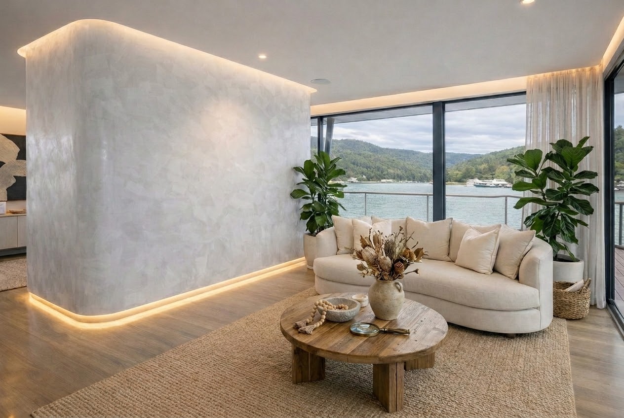Venetian plaster feature wall with waterfront views